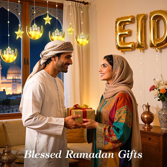 Lewondr Ramadan Curtain String Lights, 138 LED Moon Castle Star Fairy Lights with 6H Timer, 8 Modes, Remote Control, USB Powered Curtain String Light, Eid Mubarak Decorations for Ramadan Home, Yellow
