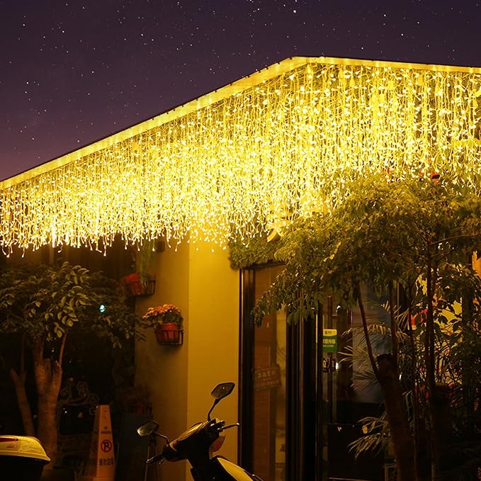 LED Icicle Christmas Lights, 16.4FT 112 LEDs Extendable Curtain 8 Modes Twinkle Novelty Christmas Long Window Dangling Fairy String Lights Outdoor Indoor, Warn White, 5M04