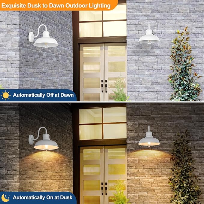 TOBUSA 2-Pack Dusk to Dawn Outdoor Wall Lights, Exterior Farmhouse Gooseneck Barn Light, White Vintage Outside Wall Mount Light Fixture, Waterproof Outdoor Light for House Porch Garage