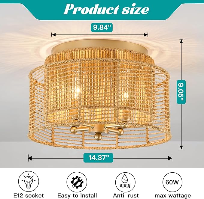 hesoge Boho Rattan Semi Flush Mount Ceiling Light Vintage Gold Ceiling Light Fixture 4 Light Round Chandelire for Farmhouse Bedroom Entryway Kitchen Foyer Dining Room