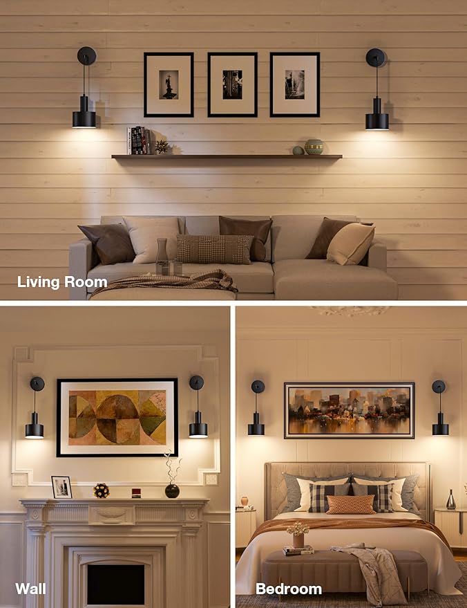 NIORSUN Battery Operated Wall Sconce Set of 2, Black Wireless Rechargeable Wall Lights with 5200mAh Dimmable Detachable Bulbs and Remote, 9 Colors Sconces Wall Decor for Bedroom Living Room Hallway