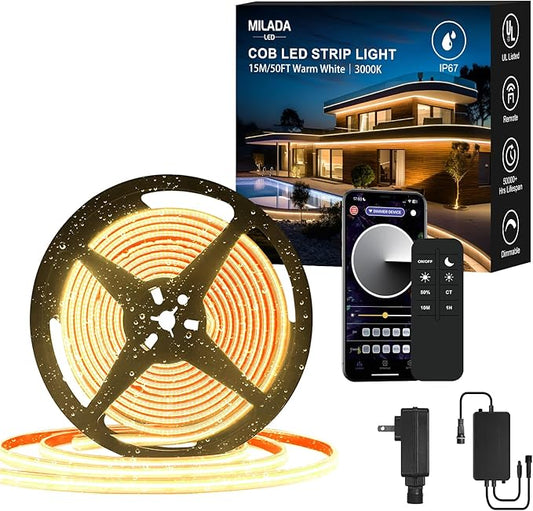 50FT COB LED Strip Light Outdoor Waterproof,15M Warm White 3000K Led Strip Lights Flexible 24V Remote & App Control Dimmable Led Tap Lighting for Room Bathroom,Kitchen ,Patio Garden ,Cabinet Shelf