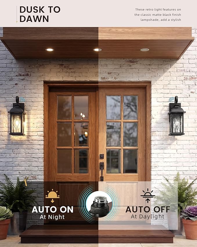 FEMILA Dusk to Dawn Outdoor Front Porch Light, 15" Exterior Waterproof Wall Light Fixtures, Matte Black Finish with Hammered Glass, E26 Socket, 4FD54B-PC BK-SD