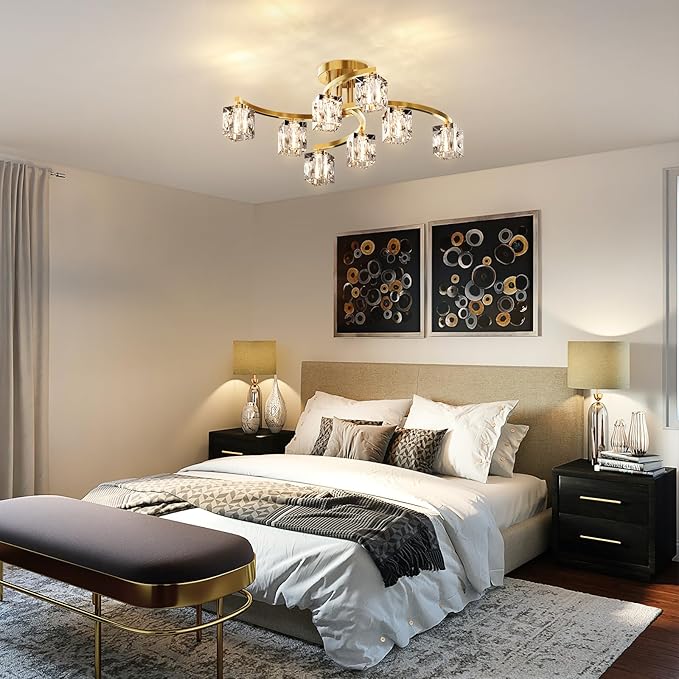 Semi Flush Mount Ceiling Light Fixture with 8-Light, Gold Modern Sputnik Chandeleirs Crsytal Ceiling Light for Dining Room, Bedroom, Living Room, Hallway,Entryway,Kitchen