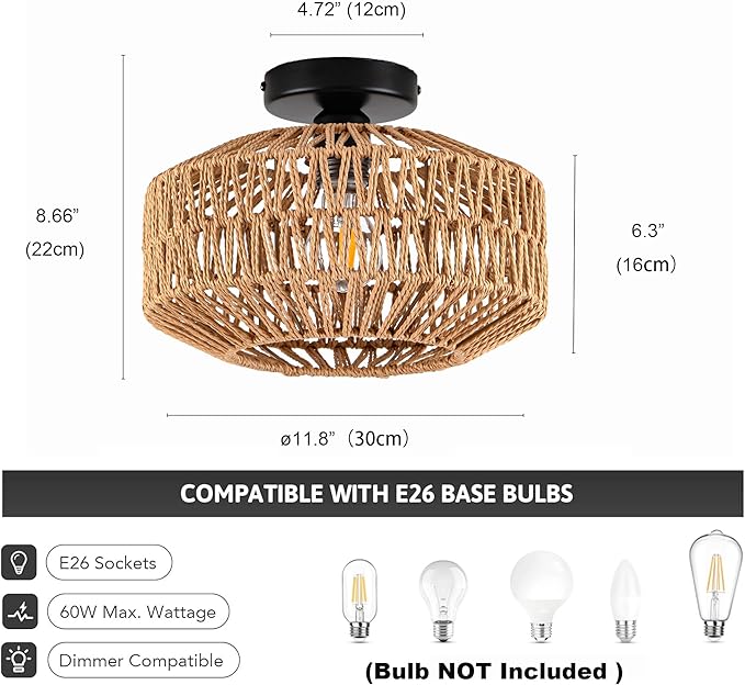 Rattan Boho Ceiling Light Fixture,Bohemian Woven Flush Mount Ceiling Light, Boho Chandelier Light Fixture Flush Mount for Hallway, Bedroom, Kitchen, Living Room, Entryway E26 1 Light