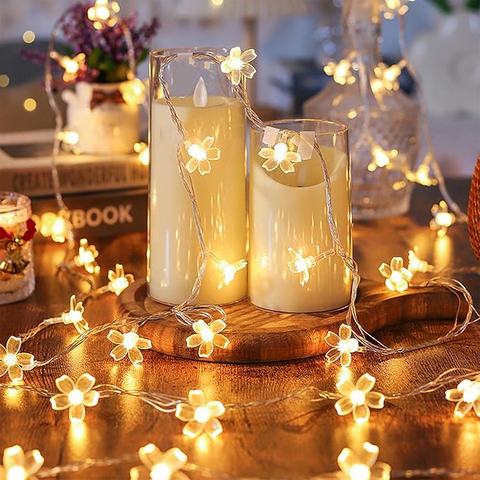 Battery & USB Lighted 10ft 30 LED Warm White Fairy Flower String Lights | Cute Cherry Blossom Fairy Lamp Decor For Indoor Outdoor Christmas, Valentine's Day, Halloween, Easter, Xmas Tree Hanging