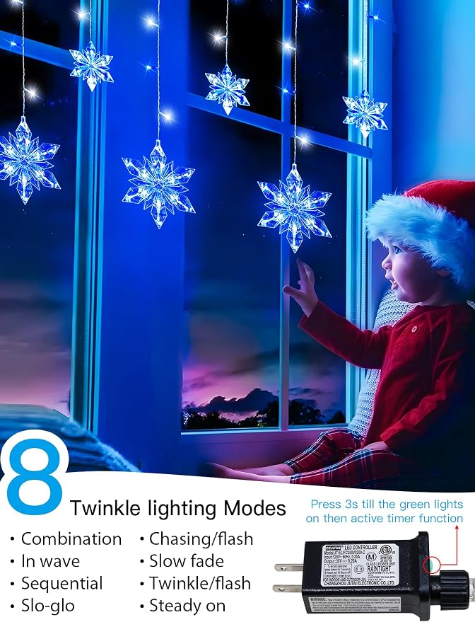 Christmas Snowflake Lights,8.2ft 144LED Curtain Icicle Lights with 12 Drops,Connectable 8 Modes Timer Xmas Icicle Light Plug in for Bedroom,Window,Wedding,Indoor Outdoor Decor,Blue White