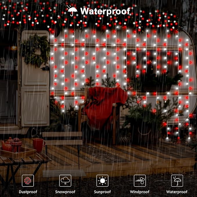 Christmas Battery Curtain Lights Red White with Remote Timer 9.8×9.8ft