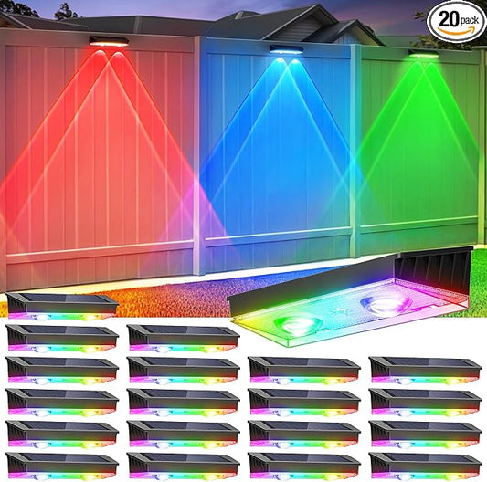 Solar Fence Lights Outdoor, 20 Pack Warm White/RGB Fence Solar Lights with 2 LED, IP65 Waterproof, Backyard Patio Decor for Deck, Wall, Railing, Pool, Stair