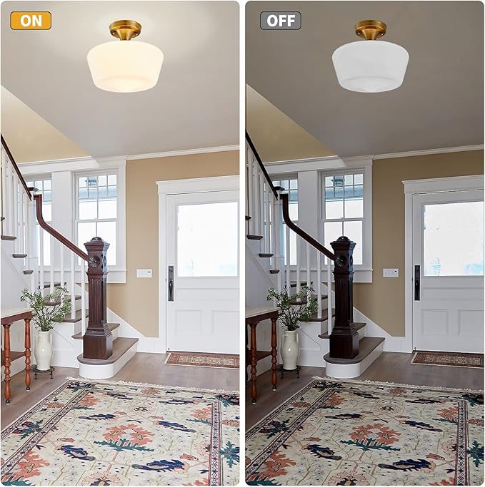 youngrender Schoolhouse Light Fixture Modern Gold Ceiling Light,Semi Flush Mount Ceiling Light,12''Wide Opal Milk Glass Shade,Brass Vintage Light for Farmhouse Bedroom Kitchen Hallway Entryway