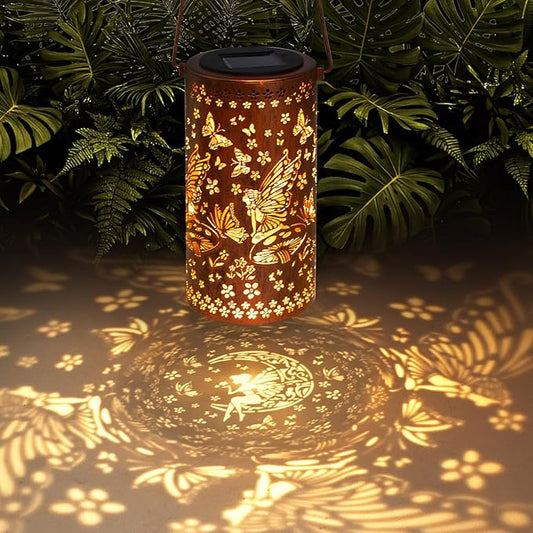 DIBIEECN Birthday Gifts for Women Mom Grandma Wife, Solar Lanterns Outdoor Waterproof, Metal Hanging Lights Garden Decor, LED Decorative Lantern for Patio Porch Backyard, Fairy, 1 Pack