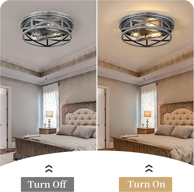 3-Light Cage Ceiling Light Fixtures, Farmhouse Close to Ceiling Lights, 13 Inch Black and Silver Metal Flush Mount Ceiling Lights for Bedroom, Living Room, Porch Kitchen Entrance