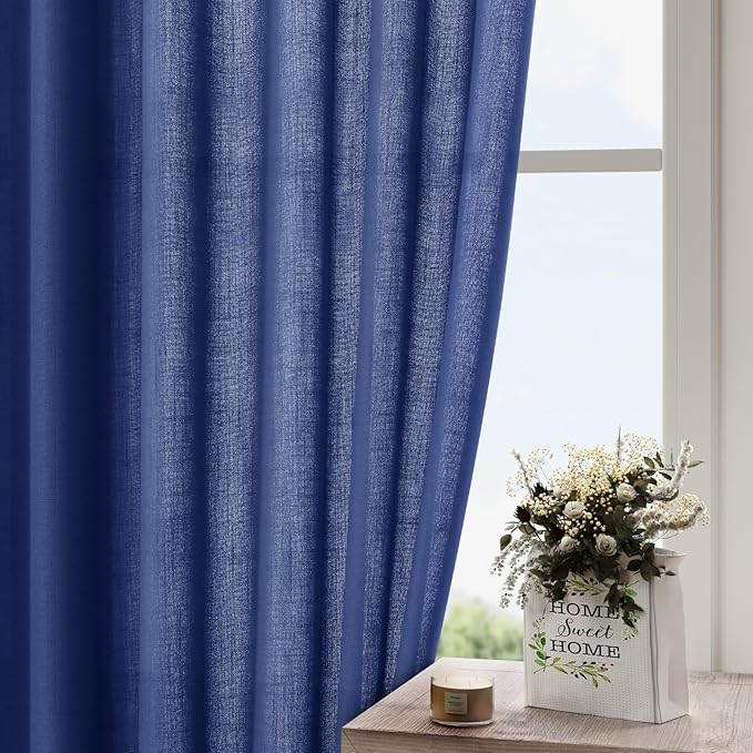 Classic Blue Linen Curtains 84 Inch Length 2 Panels Set for Living Room Rod Pocket Back Tab Light Filtering Window Drapes for Bedroom Dining Room Protect Privacy Modern Farmhouse Decor 52x84