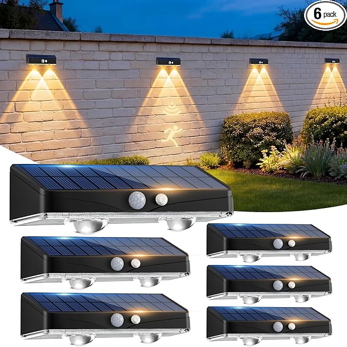 kolpop Warm White Solar Fence Lights Outdoor,Fence Lights Solar Powered with Motion Sensor,IP65 Waterproof,3 Modes LED Solar Lights for Patio,Backyard,Railing,Wall,Nighttime,Party,Pool,6 Pack