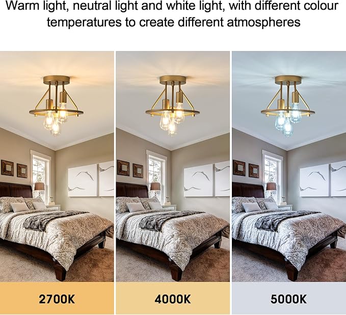 Gold 3-Light Semi Flush Mount Ceiling Light Fixture Metal Farmhouse Vintage Chandelier Circle Ceiling Lamp for Bathroom Kitchen Dining Room Laundry Room Foyer Closet Stairwell
