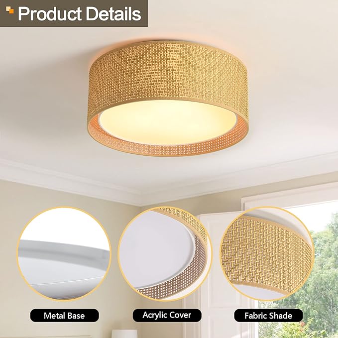 WINGBO 15.7" Modern 3-Light Flush Mount Ceiling Light Fixture with Fabric & Acrylic Double Drum Shade for Bedroom Living Room Dining Room Hallway Entryway, Brown