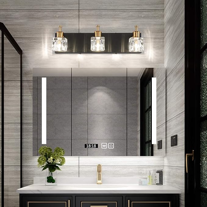 PRESDE Modern Black Bathroom Vanity Light Fixtures Over Mirror LED Crystal 3 Light Bath Wall Lighting