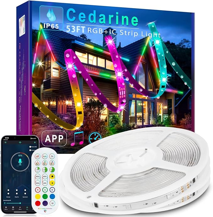 53FT Continuous RGB+IC Outdoor Led Strip Lights Waterproof with RF Remote & Bluetooth Music Sync App Control, Long Color Changing LED Rope Lights,IP67,24V