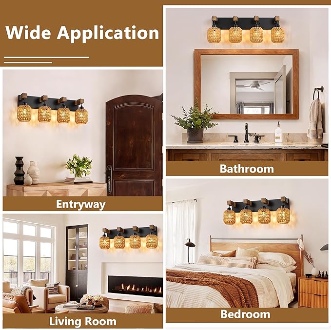 LmnLvn Farmhouse Bathroom Light Fixture, 4-Light Boho Vanity Light, Rattan Bathroom Light Fixture Over Mirror Rustic Vanity Lighting with Handwoven Shades, Suit for Restroom, Bedroom, Hallway