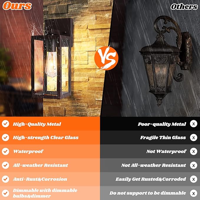 Brightever 2-Pack Outdoor Wall Light Fixtures, Brown Waterproof Anti-Rust Exterior Wall Sconce Lantern with Clear Glass, Modern Outside Front Porch Lights for House Garage Doorway, Bulbs Not Included