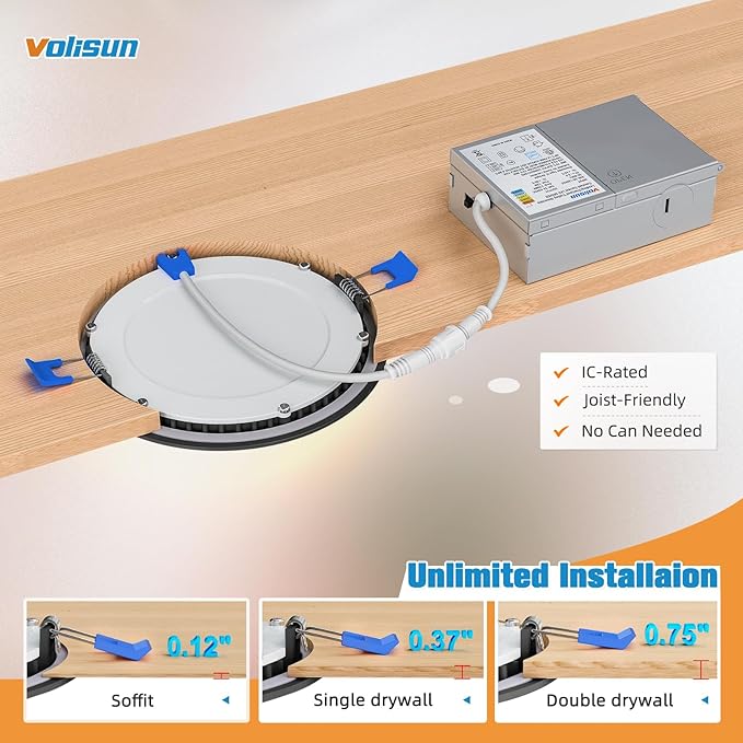 VOLISUN 12 Pack 4 inch Recessed Lighting, 5CCT LED Recessed Light Black, 2700K-5000K Selectable, 9.5W Eqv 80W, 810LM Dimmable Canless Wafer Downlight, LED Ceiling Light ETL Certificated