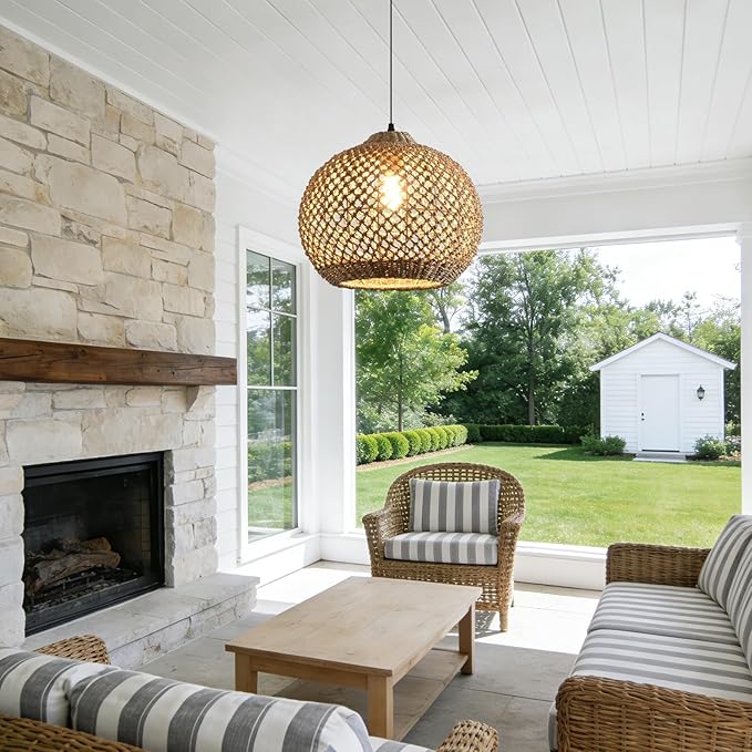 Pendant Light Rattan Fixture,Farmhouse 13.79” Wicker Hand-Woven Boho Hanging Chandelier for Kitchen Island Bedroom Living Room Entry Hallway