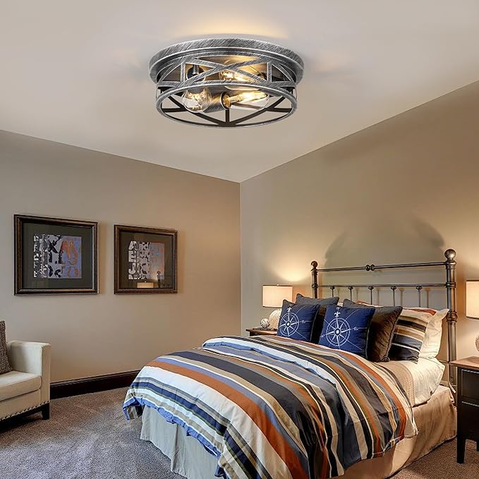 3-Light Cage Ceiling Light Fixtures, Farmhouse Close to Ceiling Lights, 13 Inch Black and Silver Metal Flush Mount Ceiling Lights for Bedroom, Living Room, Porch Kitchen Entrance