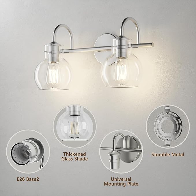 2-Light Bathroom Light Fixtures, Brushed Nickel Vanity Light with Clear Glass Shade,Modern Wall Sconce for Mirror Bath Bedroom Hallway Farmhouse Kitchen