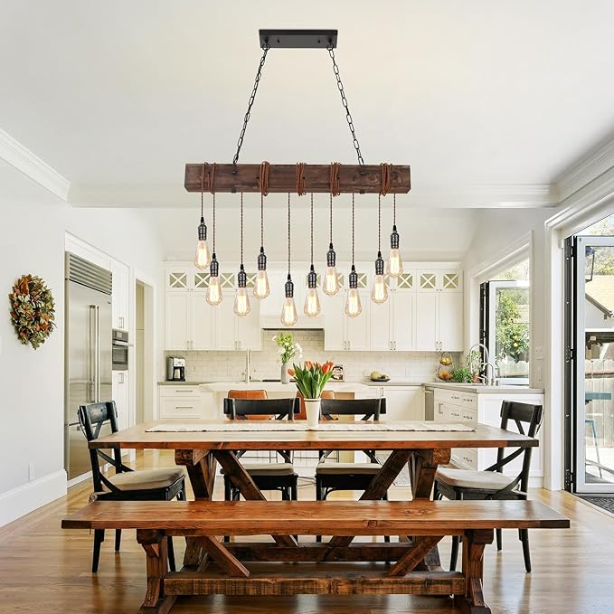 KEESFU 10-Lights Rustic Chandeliers for Dining Room, Farmhouse Wooden Ceiling Pendant Light, Height Adjustable, Rectangle Chandelier for Kitchen Island Dining Room Bar Pool Table Cabin.