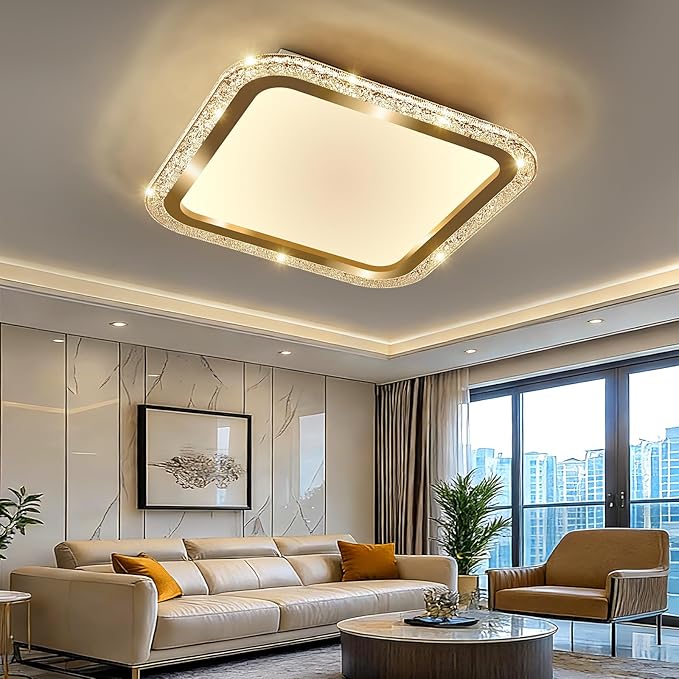 UOFUS 20.47inch Square Gold Flush Mount Ceiling Light 80W Modern LED Ceiling Light Fixture 3000K-6000K Super Bright Ceiling Lamp for Living Room Bedroom Kitchen Dining Room