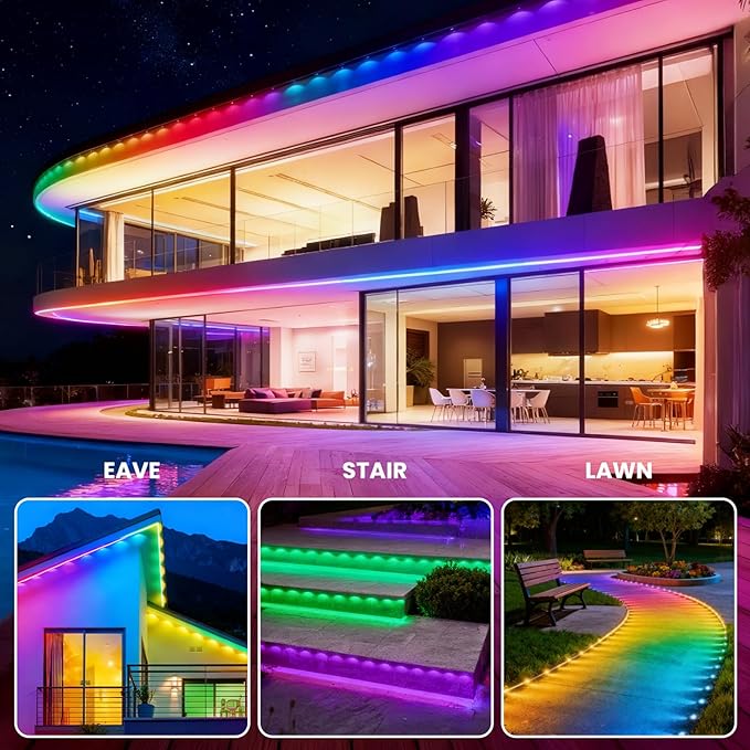 Permanent Outdoor Lights 100ft 60 LED RGBIC, APP Control with Remote, Music Sync DIY DreamColor, Timing Warm Cool White, IP65 Waterproof for Halloween Christmas House Eave Decorations