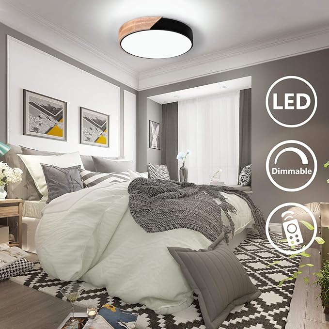 EDISLIVE Ceiling Light Dimmable 11 inch Modern Minimalist LED Round Shaped Wood & Metal & Acrylic Flush Mount Ceiling Light with Remote Control Black