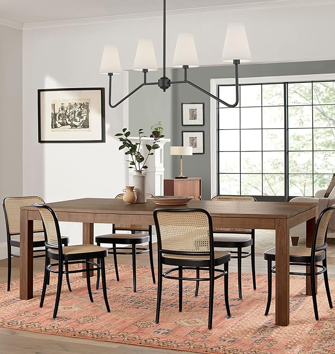 Electro bp;47" W 4-Light Linear Kitchen Island Lighting Fixture Classic Chandeliers Matt Black with White Linen Shades for Dining Room,E12,160W;