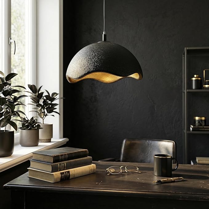 JAYMP 15.7" Modern Pendant Light for Dining Room Kitchen Island Hanging Lamp E26 Base Japanese Wabi-Sabi Style Bird Nest Shape Lighting Fixture, 1 Pack (Black + Gold,D Shape, 40cm/15.7inch)