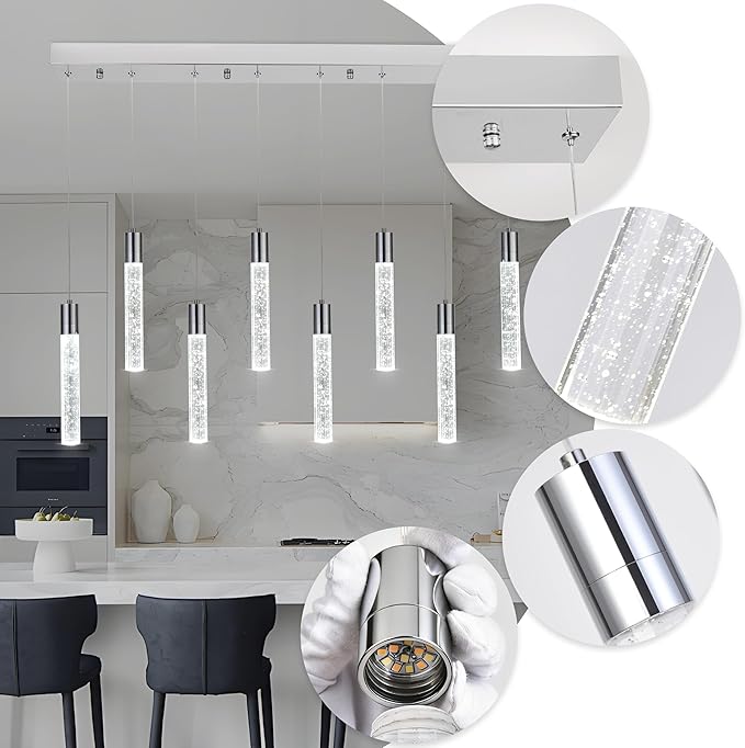 8-Light Chrome Integrated Crystal Pendant Chandelier,Dimmable LED Ceiling Light with Adjustable Height for Kitchen Island, Dining Room & Bedroom 3000K -6000K