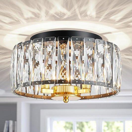 K9 Crystal Ceiling Light, 3-Light Modern Flush Mount Ceiling Light Fixture for Living Room, Dinning Room Hallway, D12 × H6 inch, Black & Gold Finish Frame & K9 Crystal