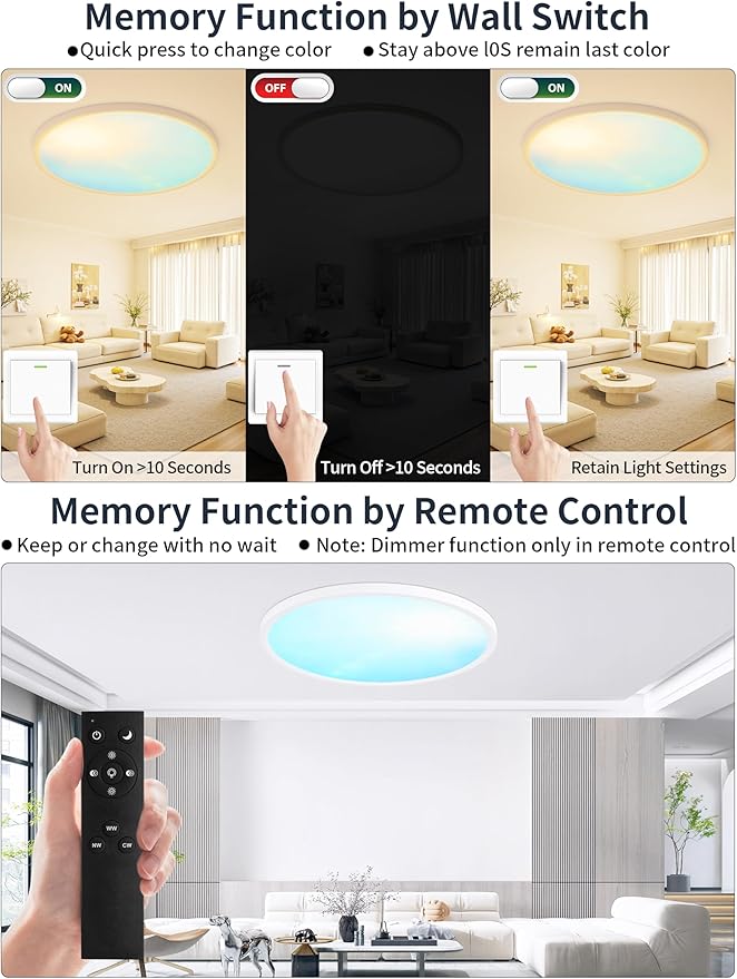 16 Inch Flush Mount Ceiling Light with Blue Sky Cover, Dimmable Ceiling Lamp with Remote, 32W LED Lighting Fixtures Sunlight Effect, Modern Slim Design for Classroom Bedroom Living Room, Round White