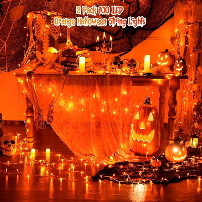 JMEXSUSS 2 Pack 100 LED Orange Halloween Lights Outdoor, 33ft Connectable Orange String Lights Indoor for Halloween with 8 Modes, Clear Wire Fall Lights Plug in for Thanksgiving Christmas Decorations