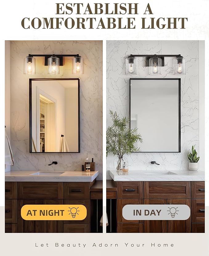 Beionxii Bathroom Vanity Lights, 3-Light Vintage Wall Sconce Light Fixtures, Oil Rubbed Bronze Finish with Clear Seeded Glass (24.5" W x 8.7" H) - MB9002 Series