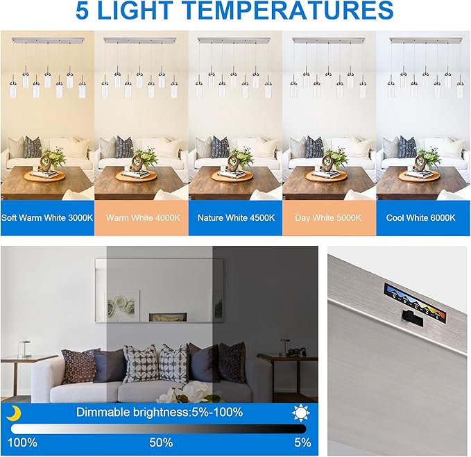 MELUCEE 43.3" Linear Chandelier for Dining Room Modern Led Pendant Light Fixtures 3000K-6000K Adjustable Color Temperature Dimmable Island Lights for Kitchen Living Room Office Bar, 35W