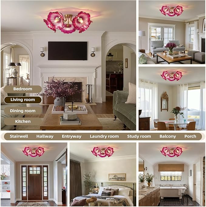 Flower Glass 5 Lights Ceiling Light - Red Vintage Floral Semi Flush Mount Chandelier Lighting Fixtures - Mid Century Modern Art Deco Lamp for Bedroom Bathroom Hallway Hall Laundry Kitchen Dining Room