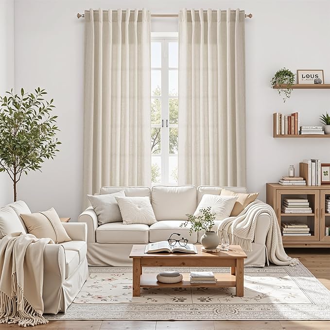 Nanspring 108 Inch Long Curtains for Living Room Boho Linen Eclectic Home Decor Light Filtering Semi Sheer Curtain Back Tab Modern Floor to Ceiling High Window for Bedroom 52x108, 2 Panels