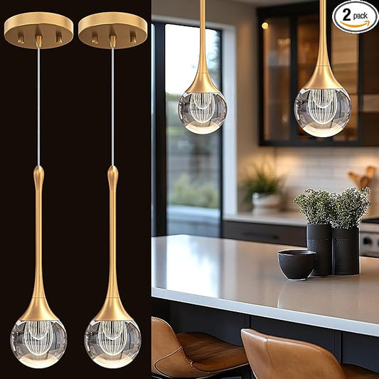 2-Pendant Lights Kitchen Island,Crystal Gold Globe LED Chandelier, Modern Dimmable Adjustable Height Hanging Light Fixture,Sloped Ceiling,Bedroom,Dining Room
