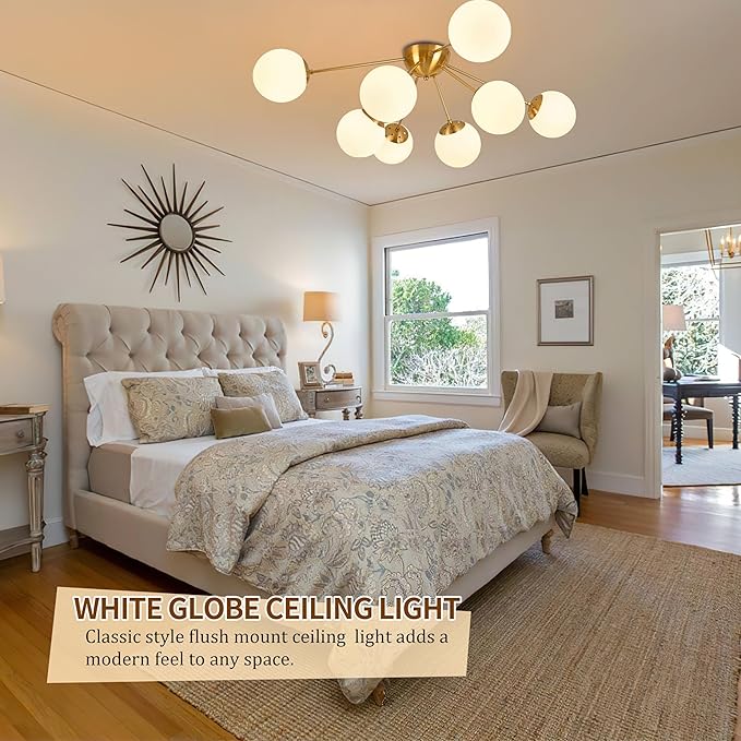 8 Light Mid Century Modern Ceiling Light Semi Flush Mount Ceiling Light Fixture Globe Lights Sputnik Chandelier with Milk Glass Shade Brushed Brass Finish for Bedroom Hallway Living Room