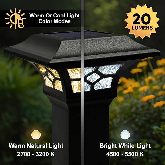Classy Caps Kingston Solar Post Caps (Set of 8) - Fits 2"x2" 2.5"x2.5" 3"x3" Fence & Deck Posts - Black Cast Aluminum - Warm/Cool Color Modes - Heavy-Duty, Real Glass - Mod. SLZ332B