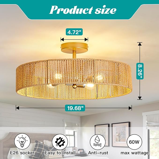 hesoge Boho Rattan Ceiling Light Fixture Vintage Gold Semi Flush Mount Ceiling Light 20 Inches Round 4 Light Chandelier for Farmhouse Hallway Bedroon Living Room Dining Room Kitchen Island