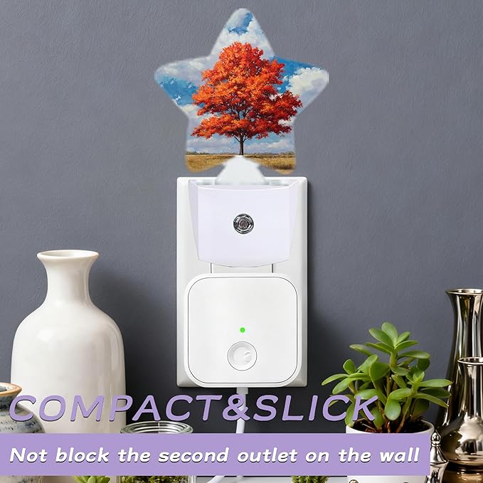 Maple Tree Decorative Nightlight Plug in Wall,Red Leaves Star Shaped Night Light with Built in Sensor for Home Decor,Kitchen Hallway Stairs Desk Lamp