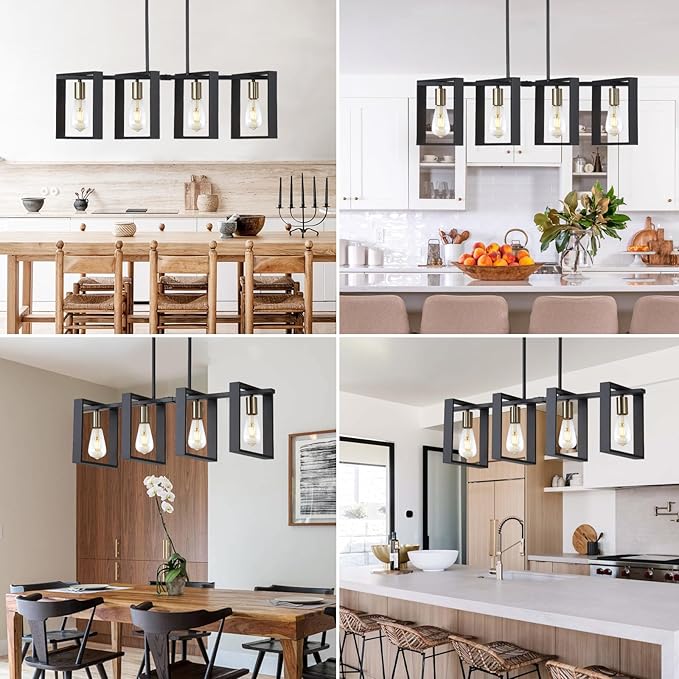 9MMML 4 Lights Wood Chandelier,Industrial Rectangle Linear Dining Room Pendant Light, Black Wood Frame+Gold E26 Socket,Kitchen Island Light for Hallway Bar Pool Table, Height Adjustable