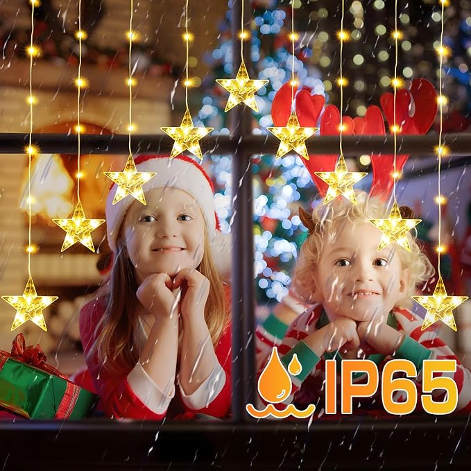 Christmas Window Lights, 76LED 9 Stars IP65 Battery Operated Star Curtain Lights 11 Modes with Timer, Xmas Decoration for Bedroom Wall Indoor Home Deco, Warm White & Multicolor