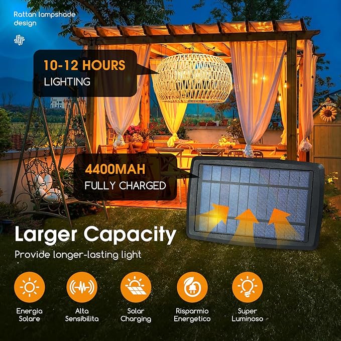 Solar Chandelier Outdoor 4-Light Rattan Chandelier Outdoor with Remote, Dimmable & Timer, Dual Power with USB, Boho Hanging Light for Porch, Gazebo, Patio, Pergola, Bulbs Included